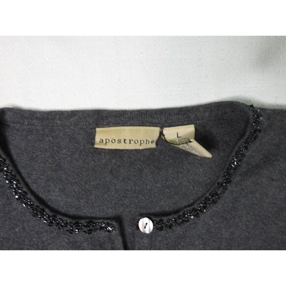 Apostrophe Gray Beaded Trim Short Sleeve Cardigan Sweater Sz L - Picture 2 of 6